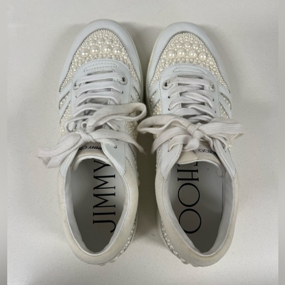 JIMMY CHOO Hawaii Calf Leather/ Canvas White Pearl Women’s Sneakers - Picture 2 of 8